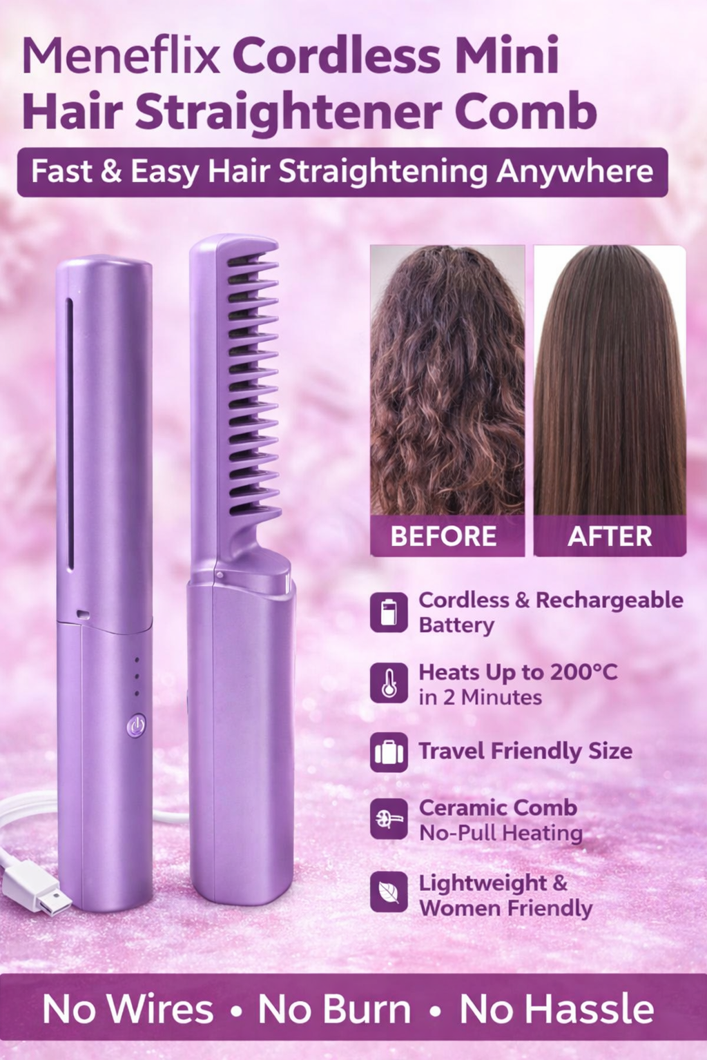 Meneflix Cordless Hair Straightener Comb
